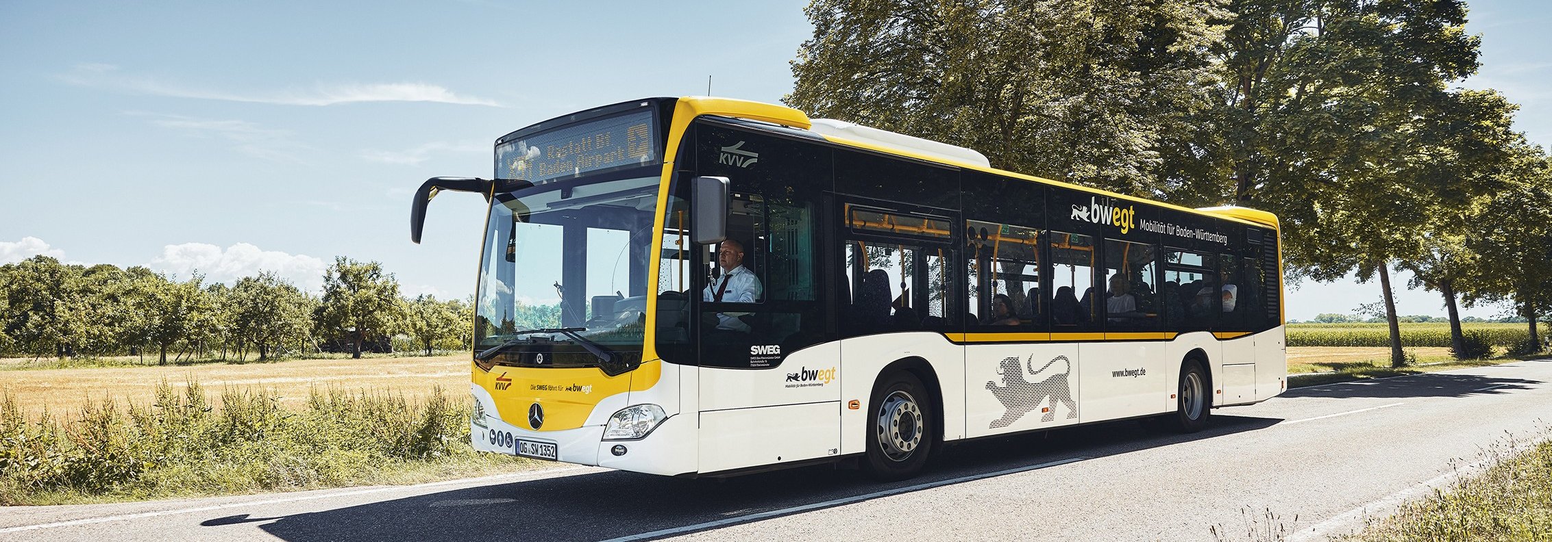 Ein Regiobus im gelb-weißen Landesdesign fährt auf einer Landstraße.
